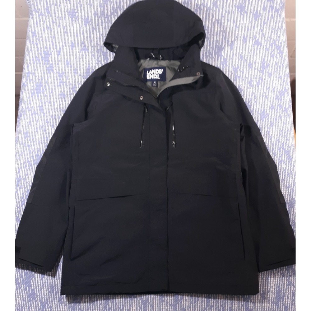 Land's End Jacket Puffer Coat Womens Medium Black Full Zip Hooded Softshell